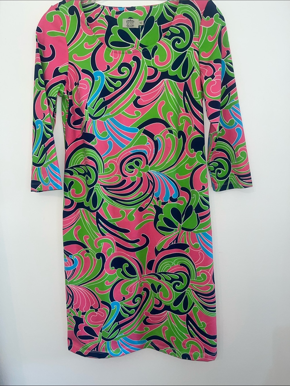 Katherine Way Pink, Green & Navy Abstract Knee Length with 3/4 Sleeve, XS